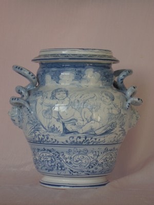 Ceramiche d-Arte di Albisola - Vaso chiamato Pammattone dal nome di una antica farmacia genovese, atto a contenere unguenti, pomate. Antico Savona